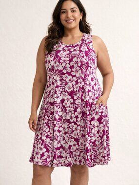 Iyla Tropical Floral Sleeveless Dress | Magenta White Print | Flowy A-Line
